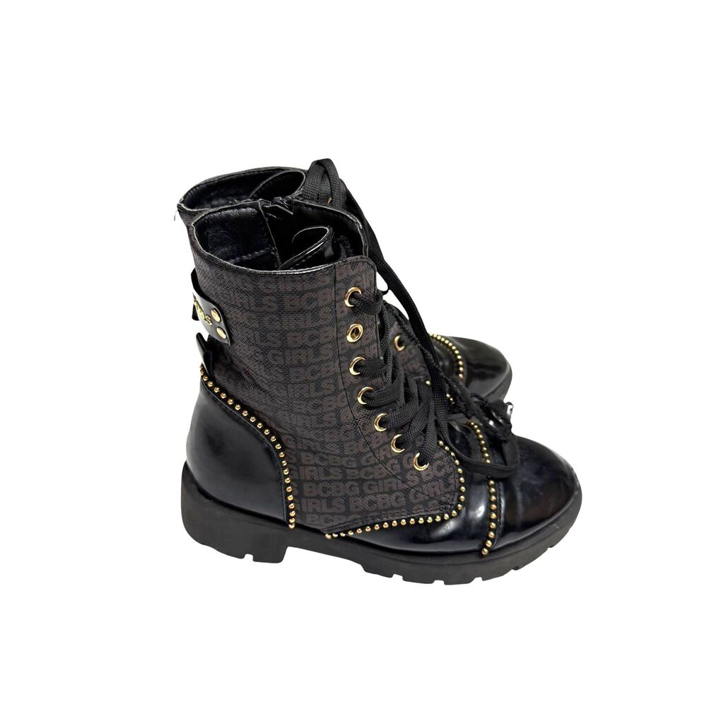BCBG Girls Combat Boots Faux Leather Logo Stud Lace Up Lug Sole Big Girl 1